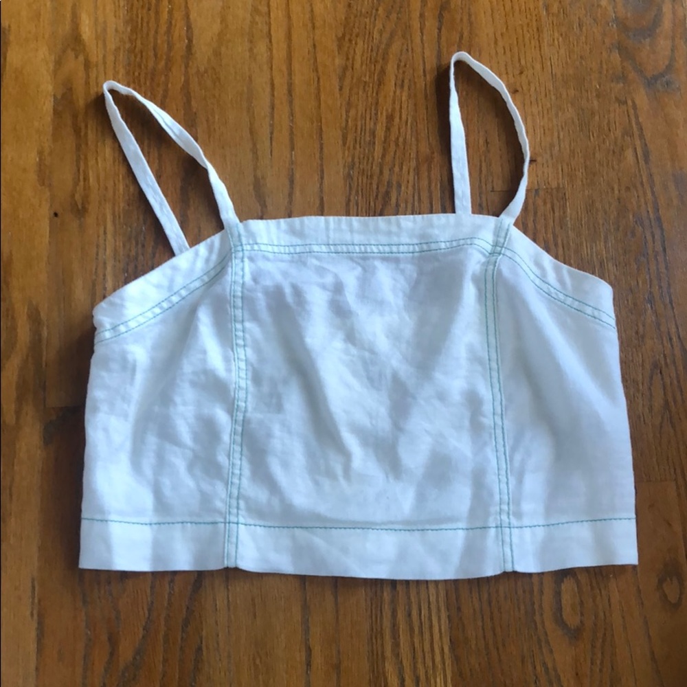 Anthropologie White Crop Tank with Light Blue Stitching